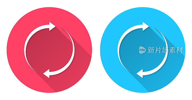 重新加载。圆形图标与长阴影在红色或蓝色的背景