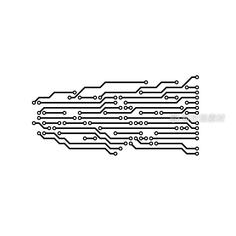 一种复杂的黑线，表示在白色背景上具有相互连接的路径和节点的电路板图案。