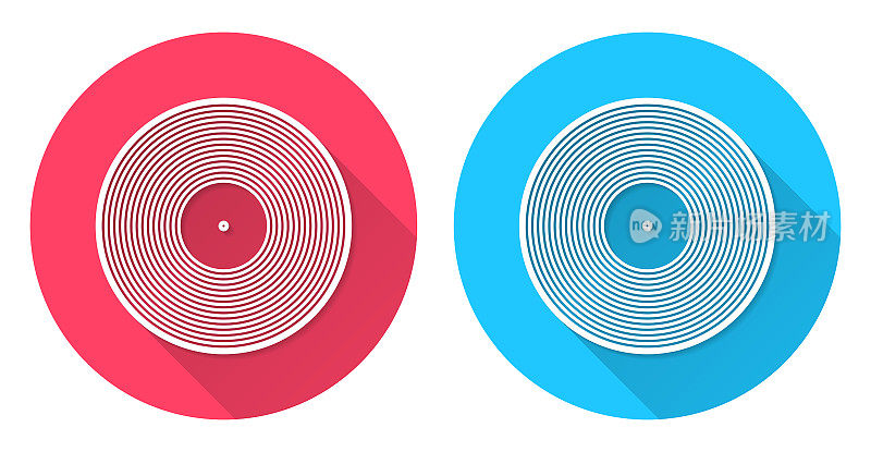 黑胶唱片。圆形图标与长阴影在红色或蓝色的背景