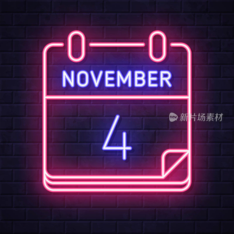 11月4日。在砖墙背景上发光的霓虹灯图标