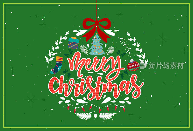 绿色背景上带有树枝和装饰装饰元素的圣诞横幅。