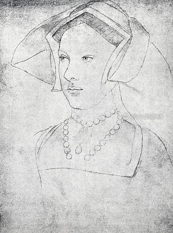 玛丽小姐，英格兰国王亨利八世的女儿，戴着兜帽和项链