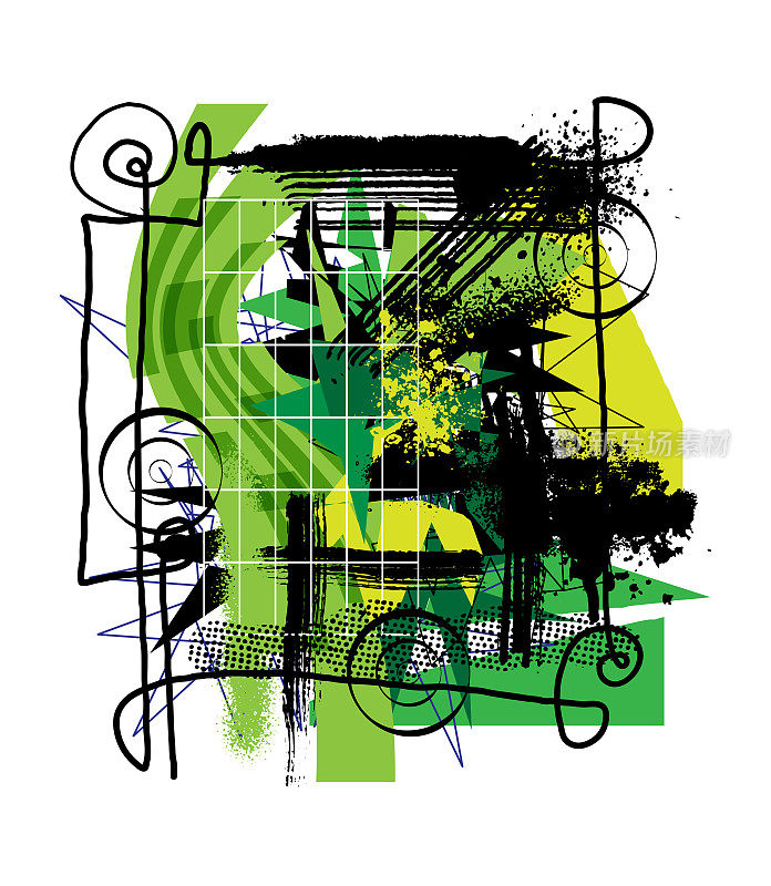 绿色几何碎片抽象艺术与grunge涂鸦喷绘颗粒，网格和条纹线，画笔，墨渍和污迹。商业和技术概念设计。