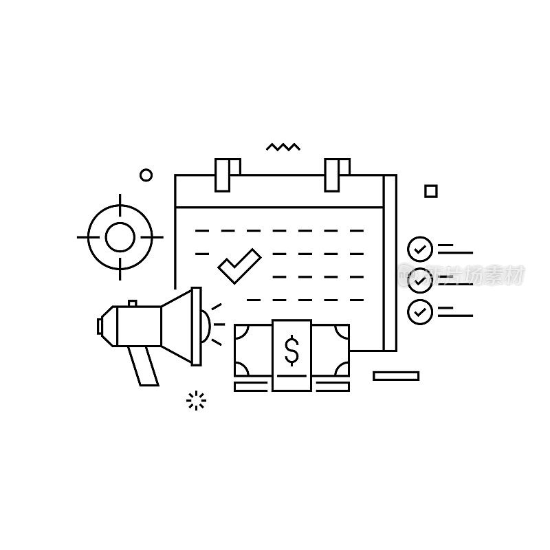 使用线图标的事件管理相关设计。简单轮廓符号图标。组织、预算、活动、会议。