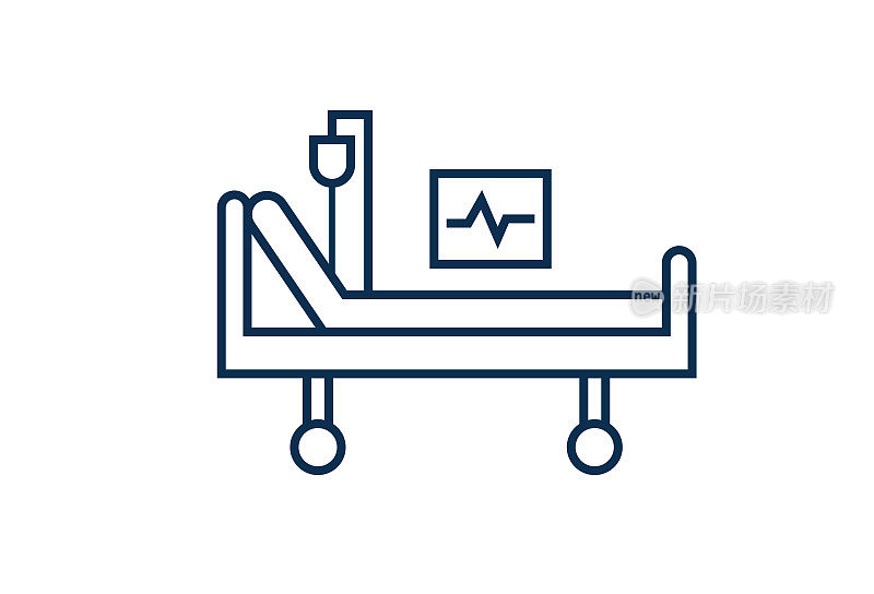 病床，心电图仪，静脉注射杆，图标。
