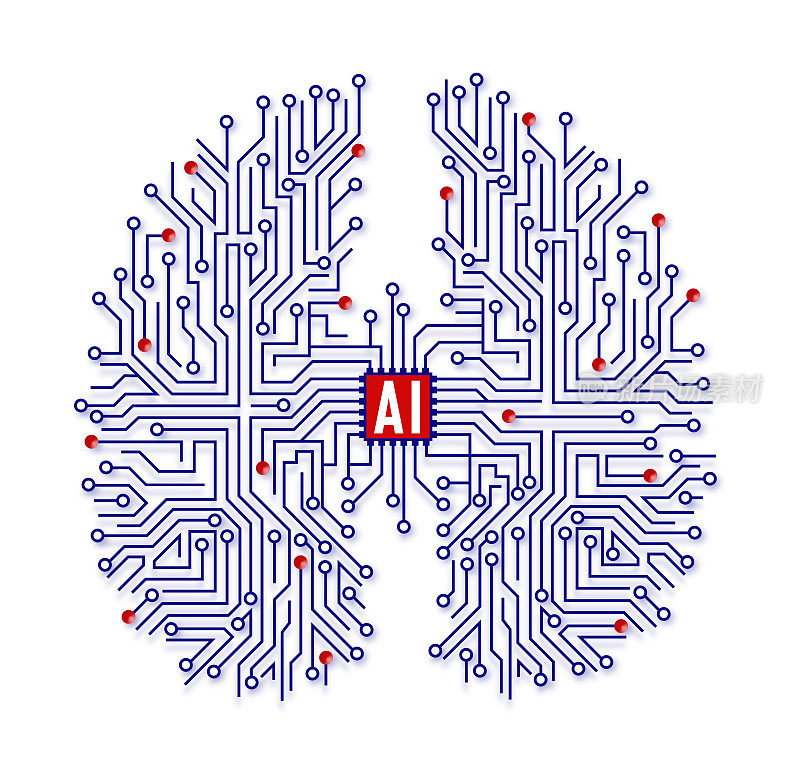 人工智能在人脑中用电路板和芯片作为大脑解剖隔离在白色上