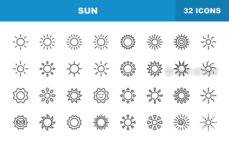 太阳线图标。可编辑的中风。包含这样的图标，如阳光，夏天，假期，海滩，气候，环境，天空，能源，自然，热带，旅游，温暖，热，热，阳光。