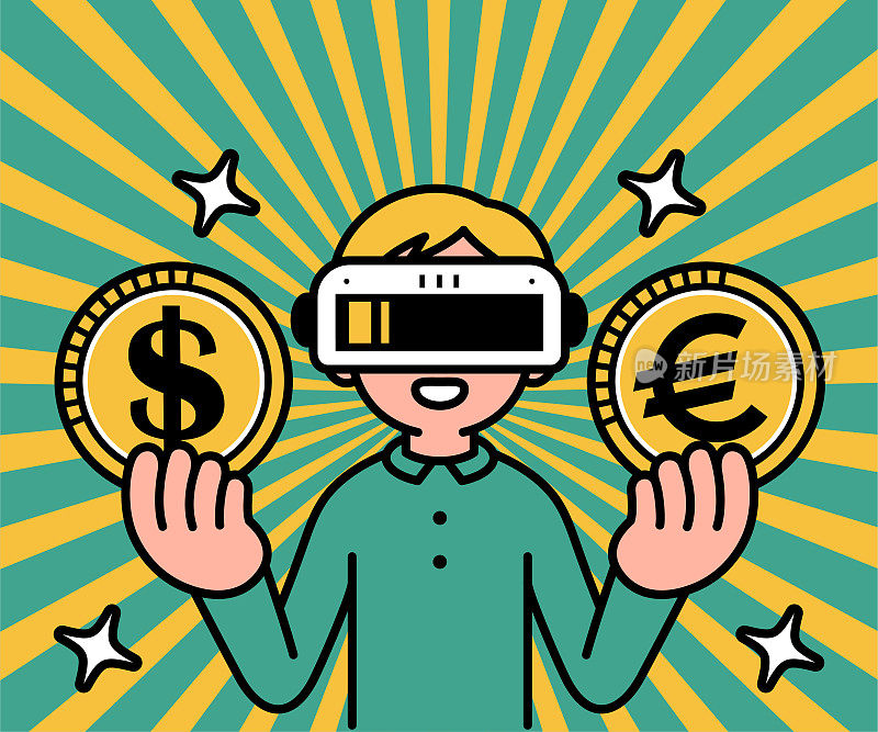 一个戴着虚拟现实耳机或VR眼镜的男孩进入虚拟世界，看着观众，并展示带有美元和欧元标志的钱