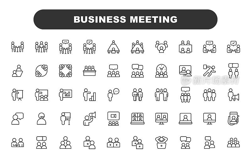 商务会议线路图标。可编辑的中风。包含商务男士，商务女士，领导力，办公室，沟通，合作，网络，商务会议，演示，聊天等图标。