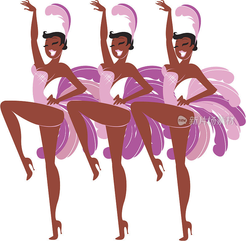 三个穿着粉色和紫色羽毛的歌舞女郎的卡通