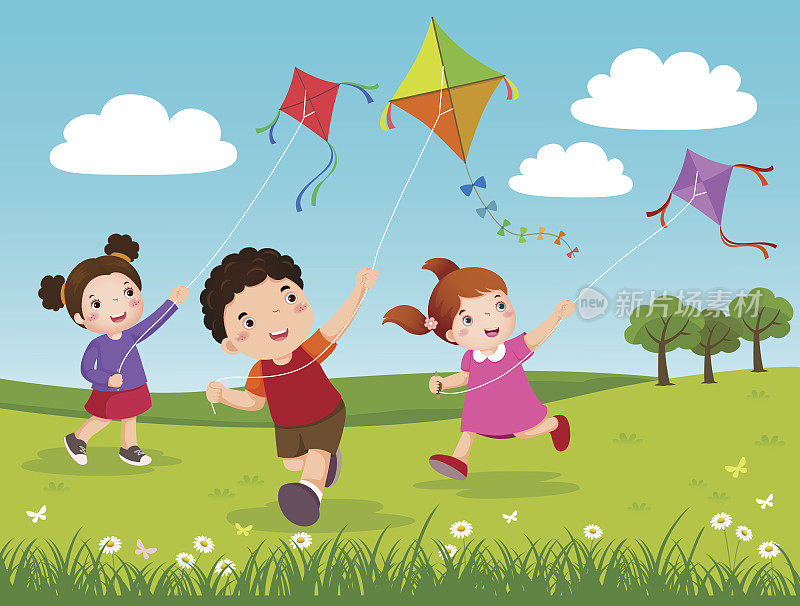 三个孩子在公园里放风筝