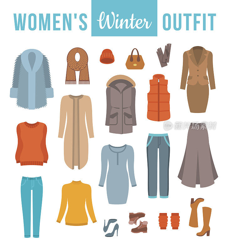 女装冬季服装平面矢量图标设置