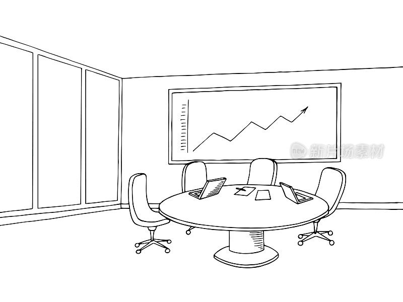 办公室会议室室内黑白图形素描插图矢量