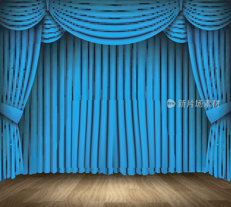 古典剧场的蓝色窗帘，配木地板