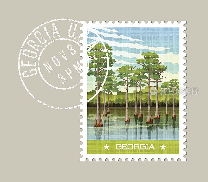 乔治亚邮票设计。矢量插图湿地森林与秃柏树。