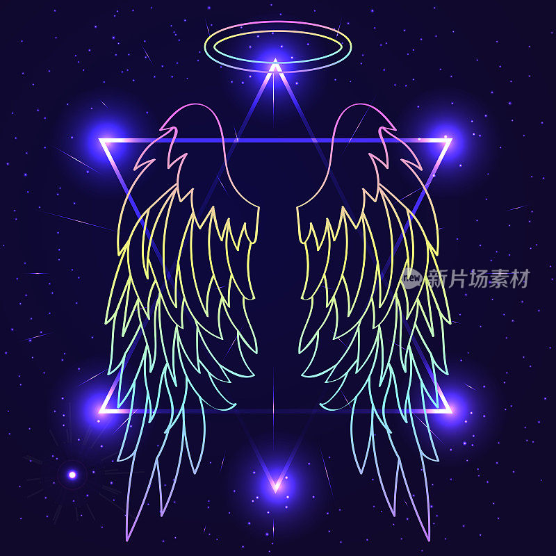 魔法背景与天使的翅膀。翅膀在夜空的背景