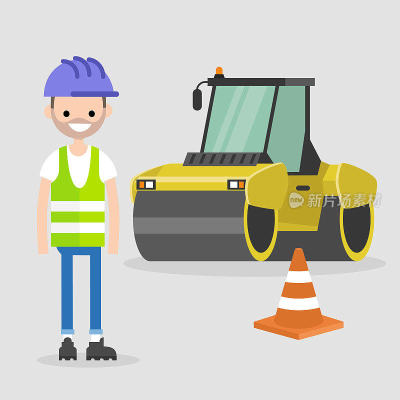 年轻的工程师戴着安全帽和反光背心。沥青铺路。工业插图。黄色压路机和橙色圆锥。平面矢量插图，剪辑艺术。