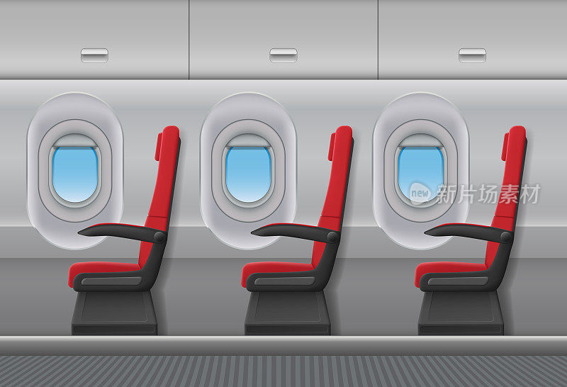 客机红色矢量内部。带有舷窗和座椅的飞机室内客舱。矢量图