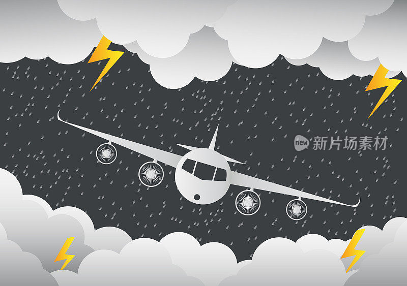 飞机穿过云层。雨天和闪电在云，矢量插图。在抽象的背景。纸艺术。矢量图