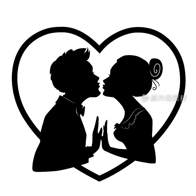 在情人节这天，男人和女人的剪影融合在一起亲吻。心中情侣的剪影。