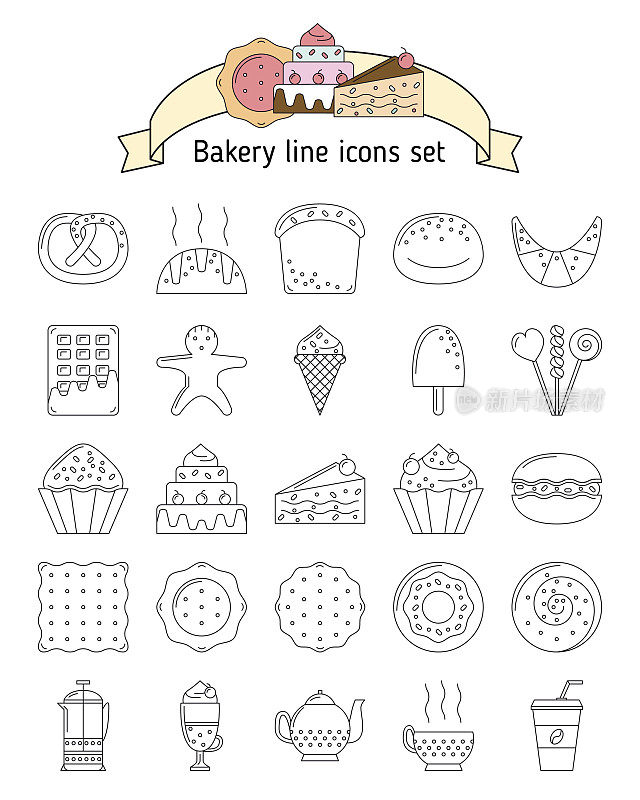 在线条艺术风格的面包房图标。图标有面包，饼干，糖果