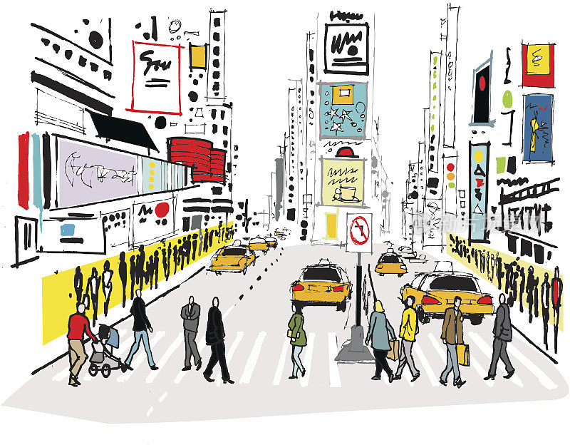 行人过马路的矢量图，纽约时代广场