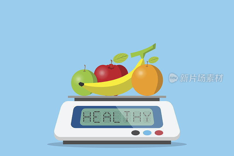 水果数字体重秤上的健康字，饮食和健康的概念