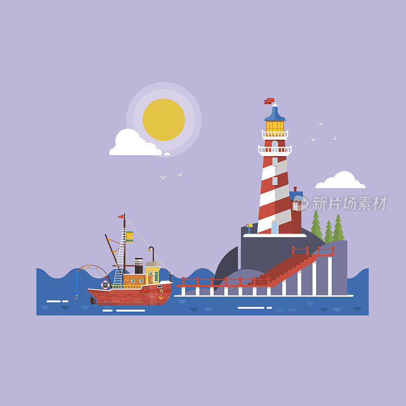 酷平设计渔船水路运输。灯塔上的石头岛卡通矢量背景。矢量图