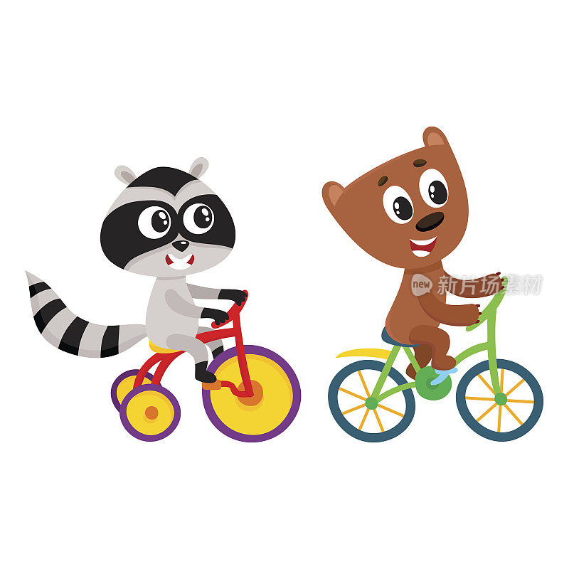 可爱的小浣熊和小熊一起骑自行车