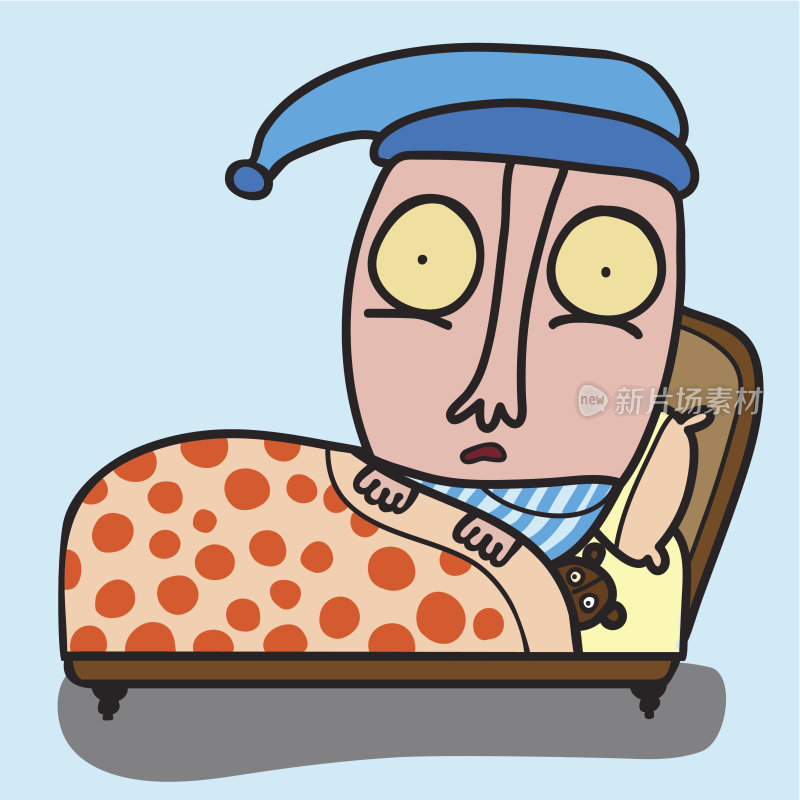 失眠症的卡通描绘，某人醒在床上