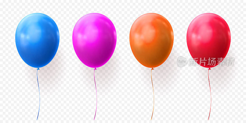 彩色气球矢量透明背景光滑逼真的生日派对气球