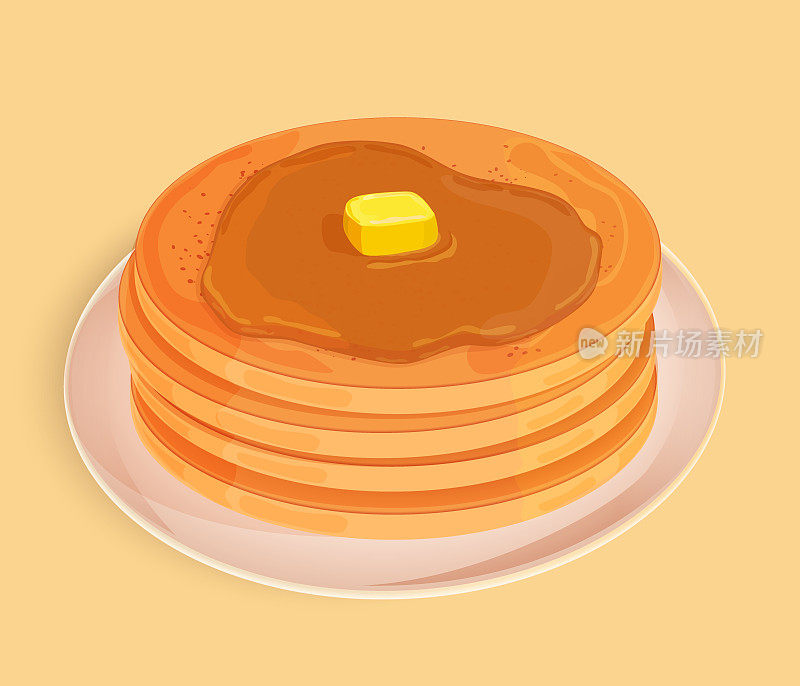 有蜂蜜、浇头或枫糖浆和一块黄油的薄煎饼放在一个盘子里。图标孤立的米色背景。矢量插图。可用于设计菜单，食谱，横幅，海报