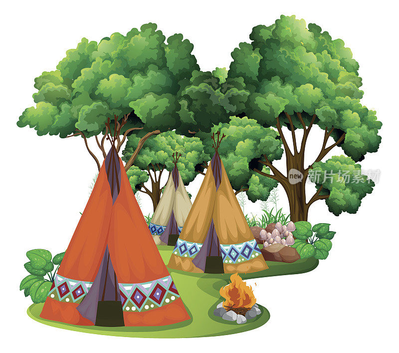 有圆锥形帐篷和篝火的露营地点