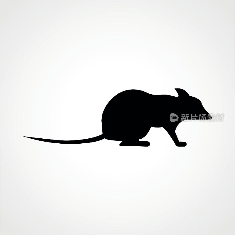 一只老鼠或老鼠的黑色剪影坐在白色的背景上，尾巴、爪子和耳朵
