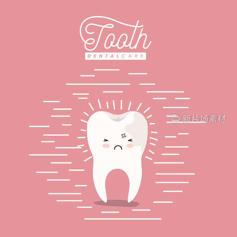 卡哇伊的漫画蛀牙一边带痛的牙齿护理表情，彩色海报上带线条