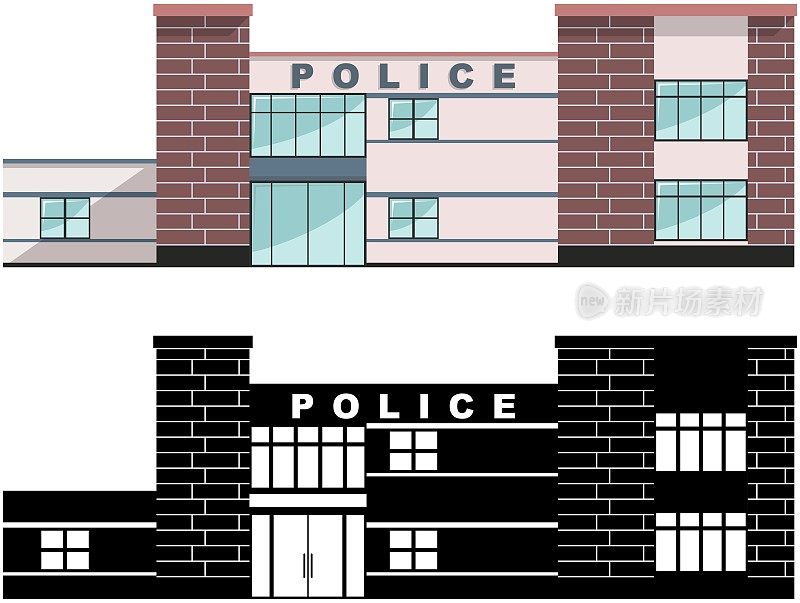 警察的概念。不同种类的警察局大楼隔离在白色背景上的扁平风格:彩色和黑色的剪影。矢量插图。