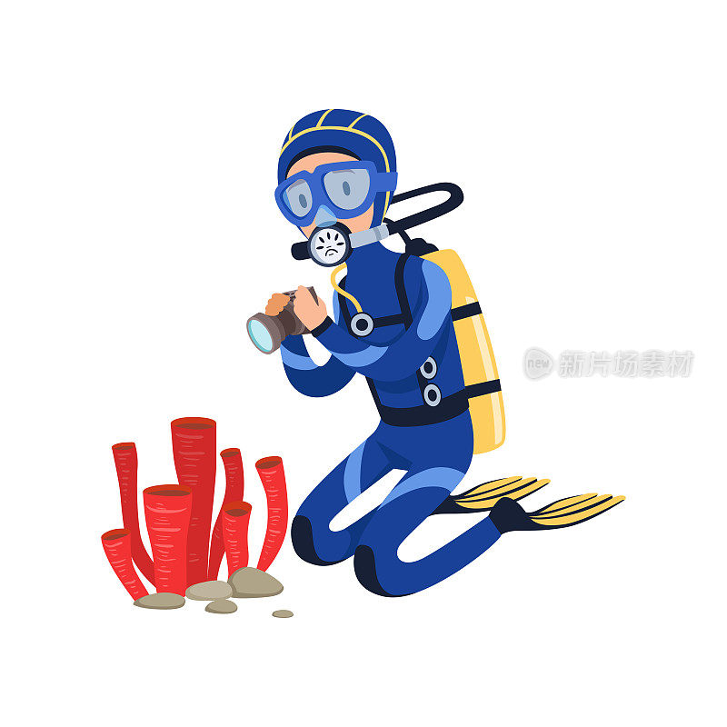 潜水员在海底拍摄海洋植物的照片。卡通人物在潜水服，面具，脚蹼和水的背部。彩色平面矢量设计
