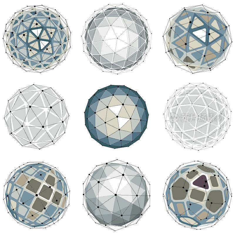 使用不同几何面制作的三维矢量数字线框球形物体。多边形球体创建的线网格。低聚形状收集，网格形式用于网页设计。