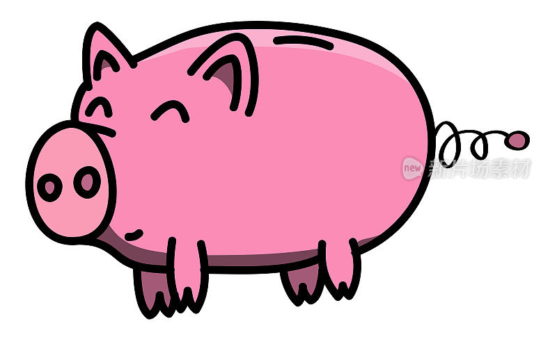 手绘粉色，干净，闪亮和快乐的胖小猪储蓄罐动物轮廓卡通风格，彩色插图的孩子。