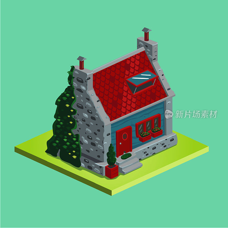 等距矢量村屋。古老的石头和红色瓷砖的乡村家。卡通插图。