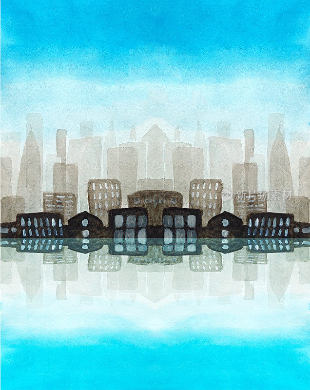 水彩城市剪影在早晨的一个大城市在雾霾。蓝色的天空，对称的建筑与发光的窗户倒映在水面上。这里有文本的位置。
