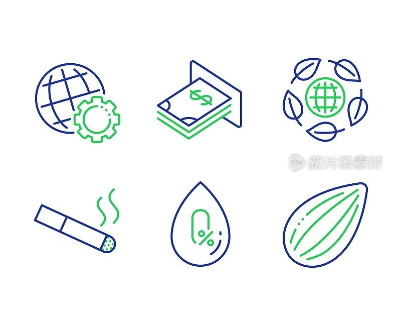 环球，Atm钱和生态有机图标集。吸烟，不喝酒和杏仁坚果标志。向量