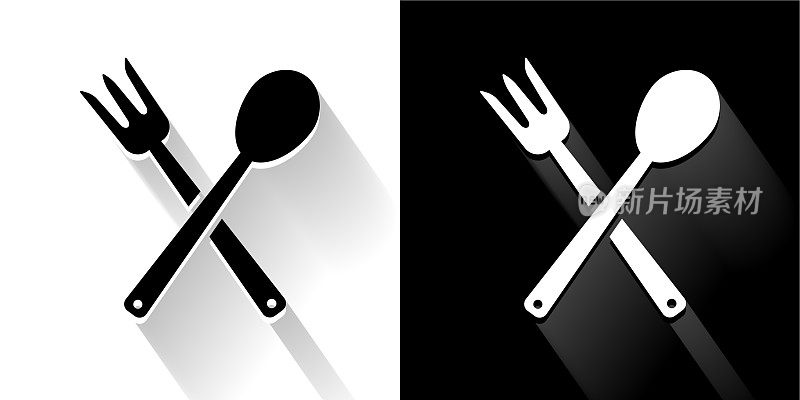 叉子和勺子黑色和白色图标与长影子