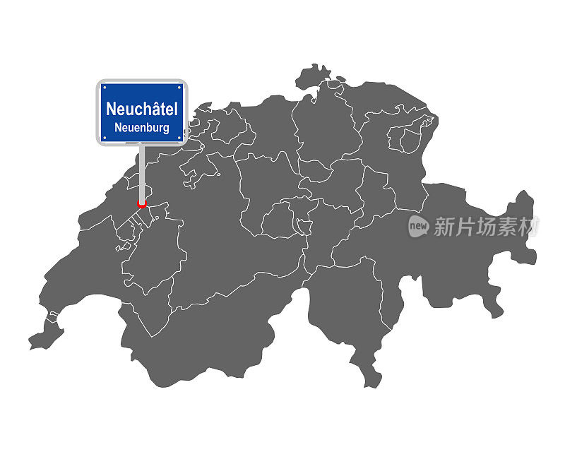 瑞士地图，路标为Neuchâtel