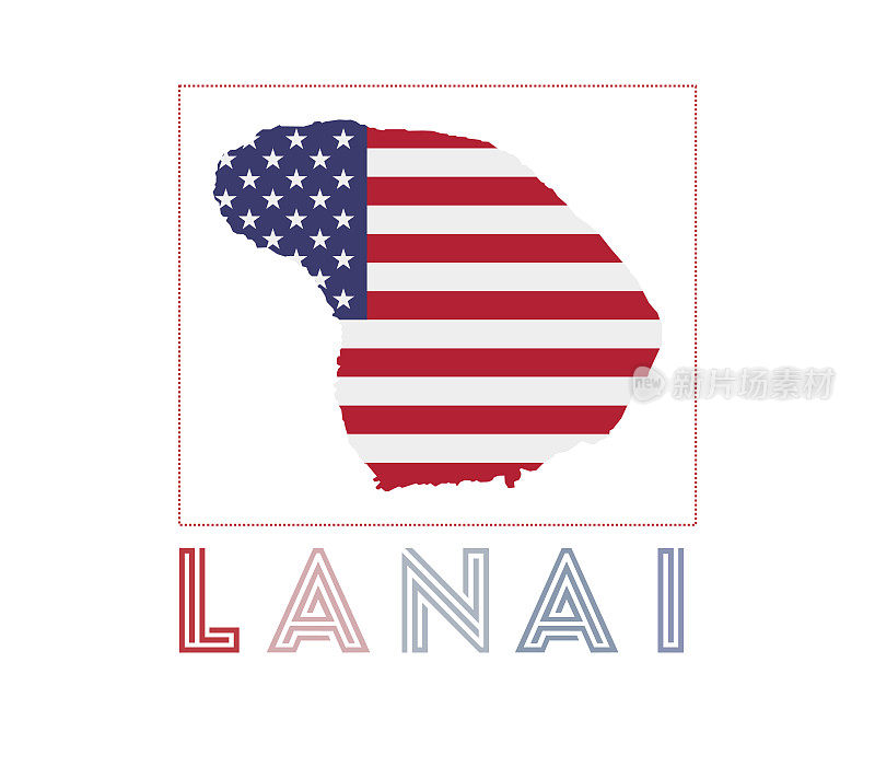 拉奈岛的标志。带岛屿名称和旗帜的拉奈岛地图。