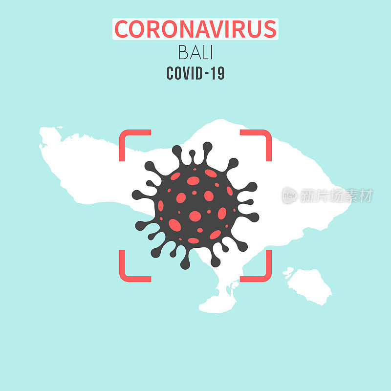 巴厘岛地图，红色取景器中有冠状病毒细胞(COVID-19)