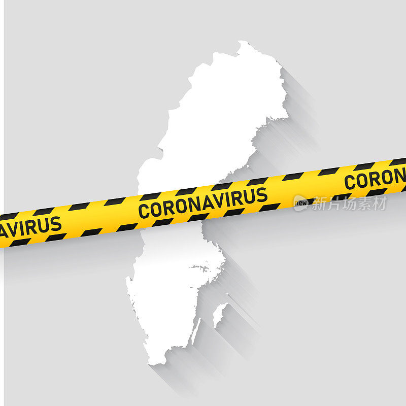 瑞典地图与冠状病毒警告胶带。Covid-19爆发