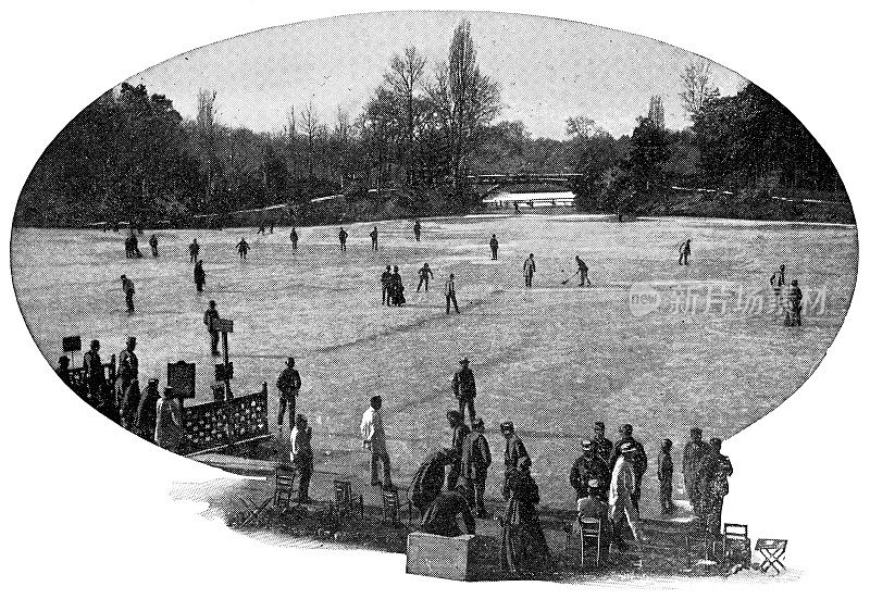 人们在布洛涅森林公园滑冰，法国，19世纪