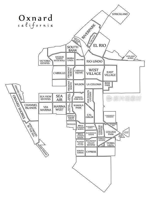 现代城市地图-美国加利福尼亚州奥克斯纳德市的社区和标题大纲地图