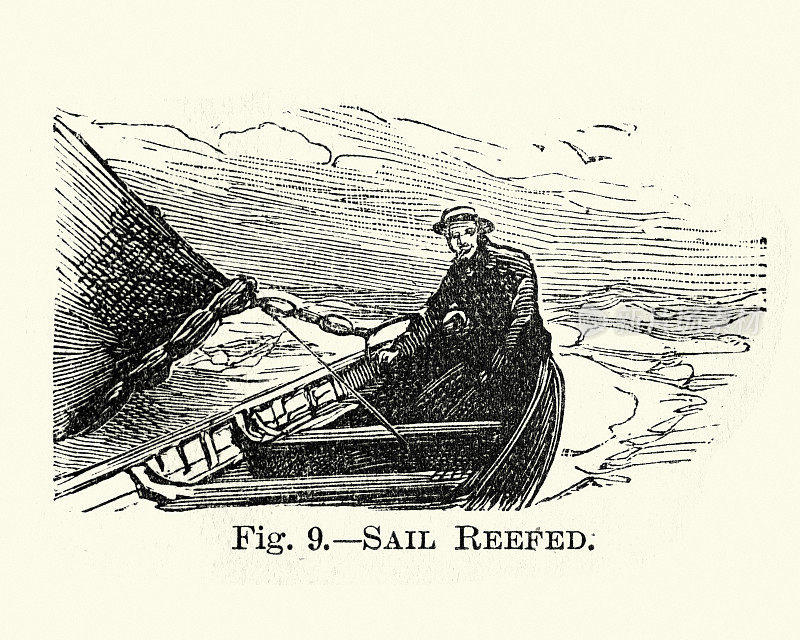 把船帆收帆的船，维多利亚19世纪